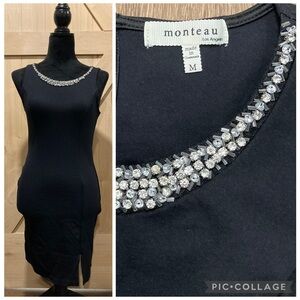 Elegant Little Black Dress with Rhinestone Beaded Neckline Medium